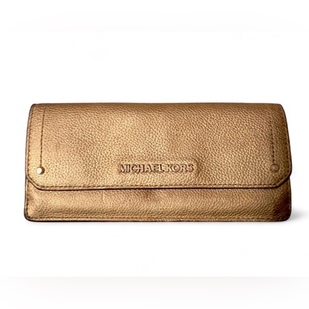Michael‎ Kors Gold Metallic Leather Wallet Clutch Flap Snap Long Wallet